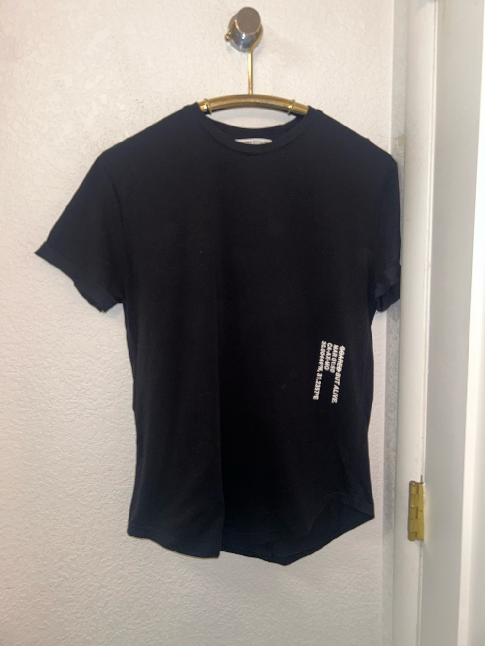 SCARED BUT ALIVE The Black Cuffed Sleeve T-Shirt Women Curved Hem SZ: Medium
